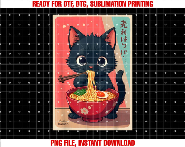 Kitten Eating Japanese Noodles Anime Manga Baby Cat Ramen T-shirt, Sublimation Design, Digital Download