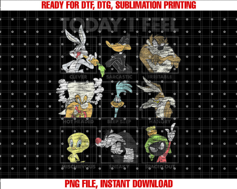 Looney Tunes Today I Feel Distressed Character Box Ups T-shirt, Sublimation Design, Digital Download
