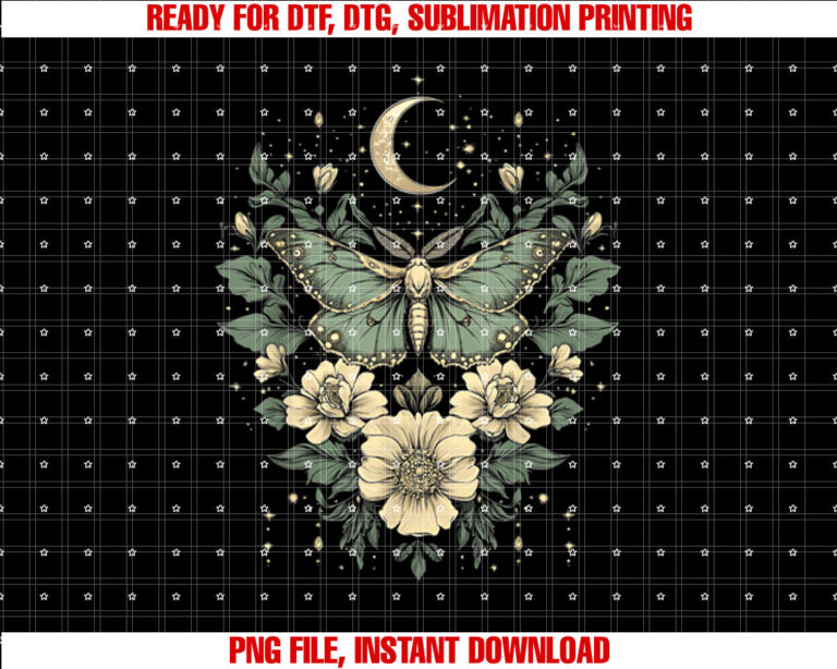 goblincore moth and butterfly moonphases flowers cottagecore Shirt PNG, DTF, DTG, Sublimation Design