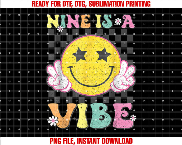 Nine Is A Vibe 9th Birthday Groovy Smile Face 9 Years Old T-shirt
