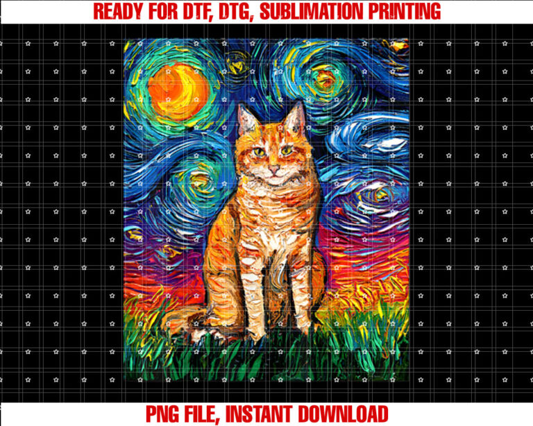 Orange Tabby Tiger Cat Starry Night Colorful Art by Aja T-shirt
