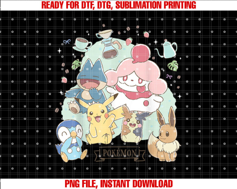 PokÃmon Cafe Pika Eevee Piplup Munchlax Morpeko Slurpuff T-shirt