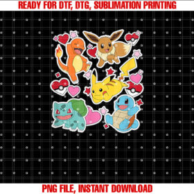 Pokãmon Eevee Pikachu Charmander Squirtle Bulbasaur Hearts T-shirt
