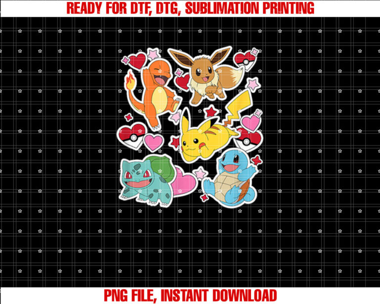 PokÃmon Eevee Pikachu Charmander Squirtle Bulbasaur Hearts T-shirt