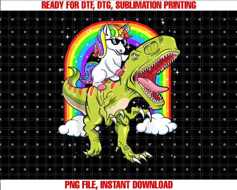 Rainbow Unicorn Riding T rex Dinosaur Boys Girls Men Women T-shirt