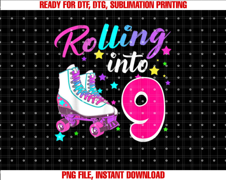 Rollin into 9 Roller Skating Rink 9th Birthday Party Girls T-shirt