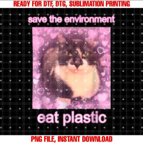 Save the Environment Eat Plastic Funny Cute Cat Meme T-shirt