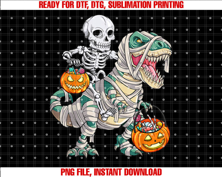Skeleton Riding Mummy Dinosaur T rex Halloween Funny Pumpkin T-shirt