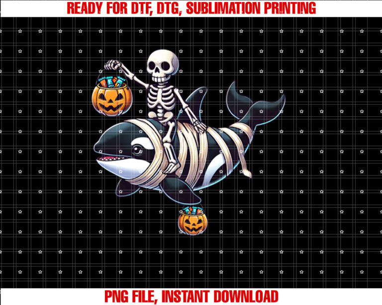 Skeleton Riding Mummy Orca Halloween Candy Whale Funny T-shirt