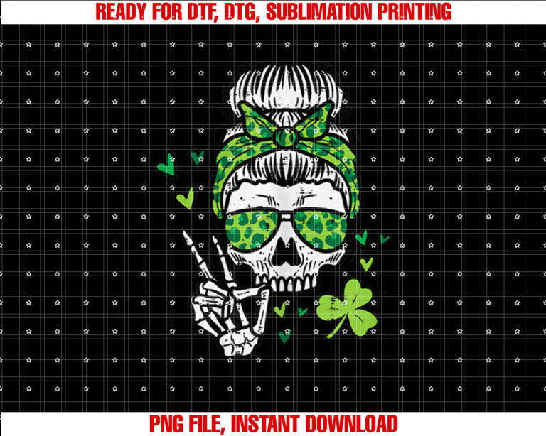 St Patricks Day Skull Messy Bun Saint Pattys Paddys Women T-shirt