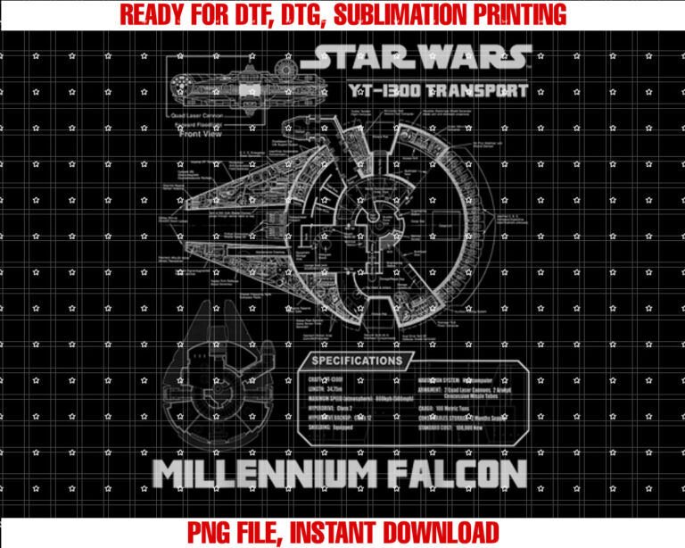 Star Wars Millennium Falcon Grey Schematics Graphic T-shirt