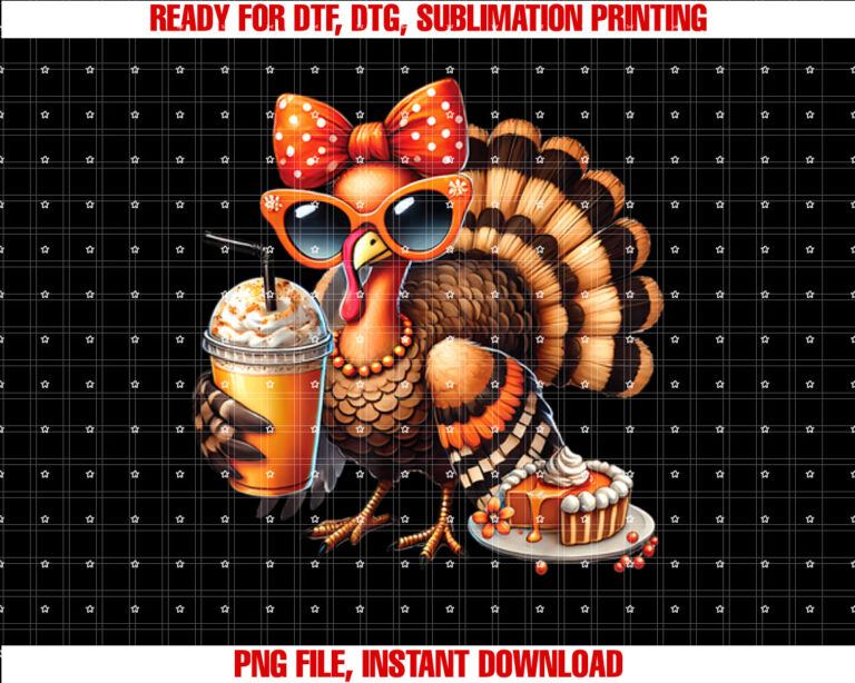Turkey Drinking Coffee Bow Thanksgiving Womens Turkey Day T-shirt