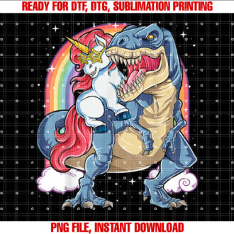 Unicorn Riding T rex Dinosaur Boys Girls Men Women Rainbow T-shirt