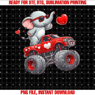 Valentines Day Elephant Riding Monster Truck Cute Boys Girls T-shirt
