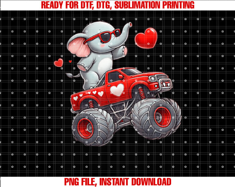 Valentines Day Elephant Riding Monster Truck Cute Boys Girls T-shirt