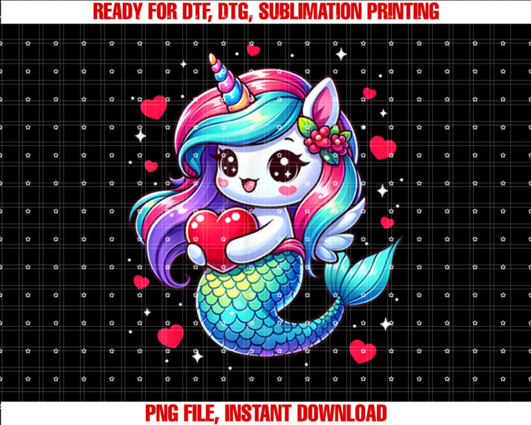 Valentines Day Mermicorn Unicorn Mermaid Heart Girls Kids T-shirt