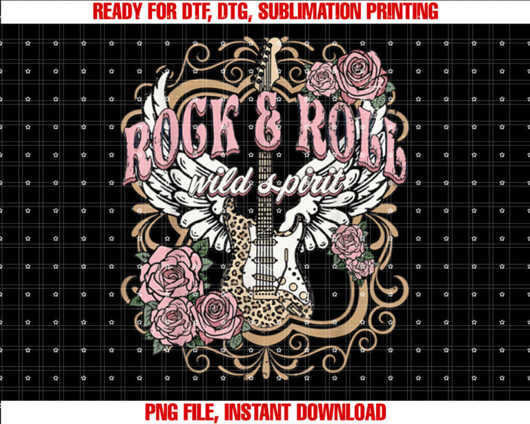 Vintage Rock n Roll Wild Spirit Lets Rock Guitar Floral T-shirt