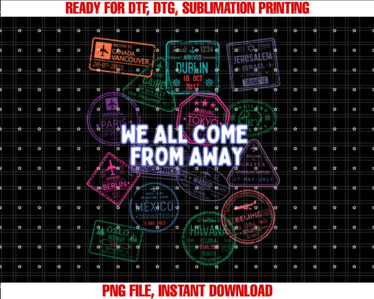 We All Come From Away Travel Stamps Musical Theatre T-shirt
