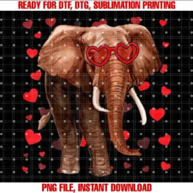 Elephant Lovers Valentines Day Girls Teecute Elephant With Heart Sunglasses Valentines Day Kids Boys PNG, Sublimation Design