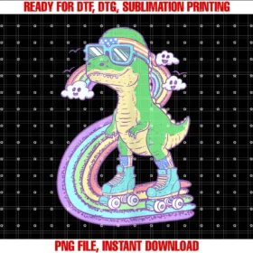 Creature Comforts Apparelretro Roller Skating Dinosaur With Rainbow and Cloud Friends Tee