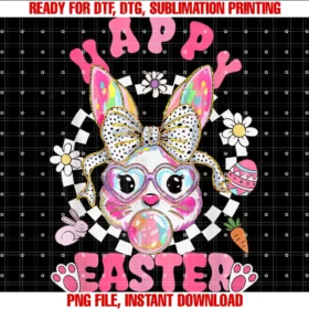 Cute Happy Easter Dayretro Groovy Happy Easter Day Bunny Checkered Clothing  PNG, Sublimation Design